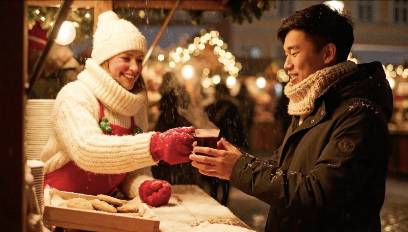 A New Year's fair where a woman behind the counter of her shop hands a warm drink to a man, they are smiling, a New Year's atmosphere.